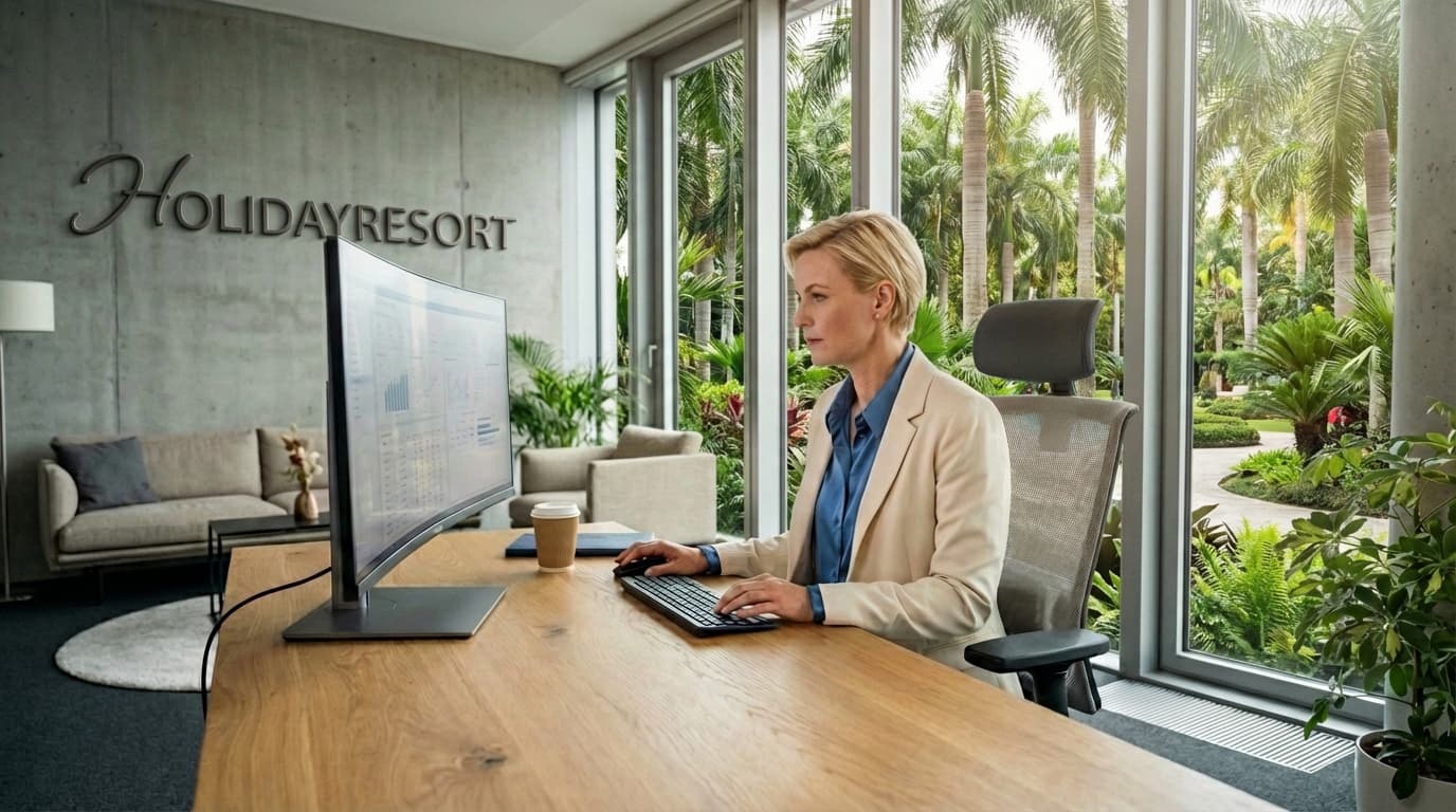 Resort operations team reviewing live reports on a desktop dashboard