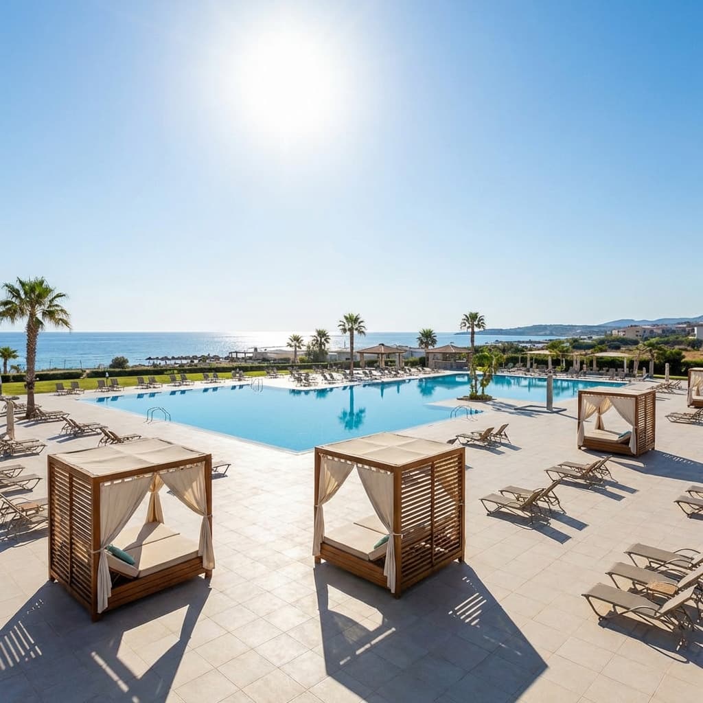 Pool sunbeds and shade areas at the resort